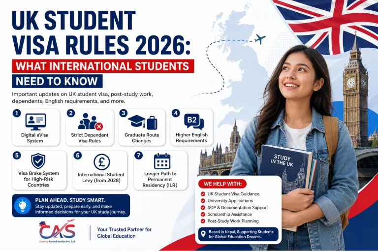 UK student visa 2026 updates showing international students, UK flag, and digital eVisa system concept for immigration changes
