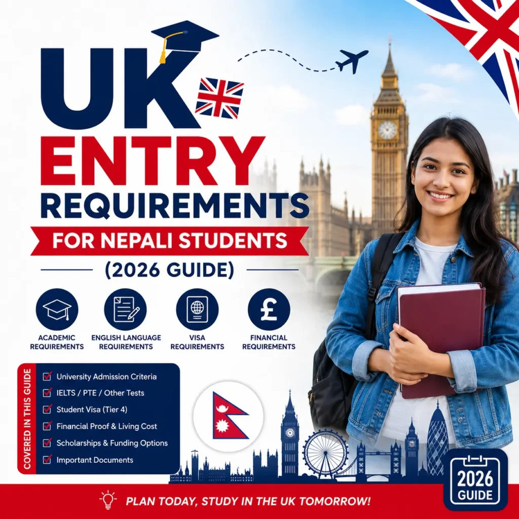 UK entry requirements guide for Nepali students with study abroad visuals and UK landmarks.