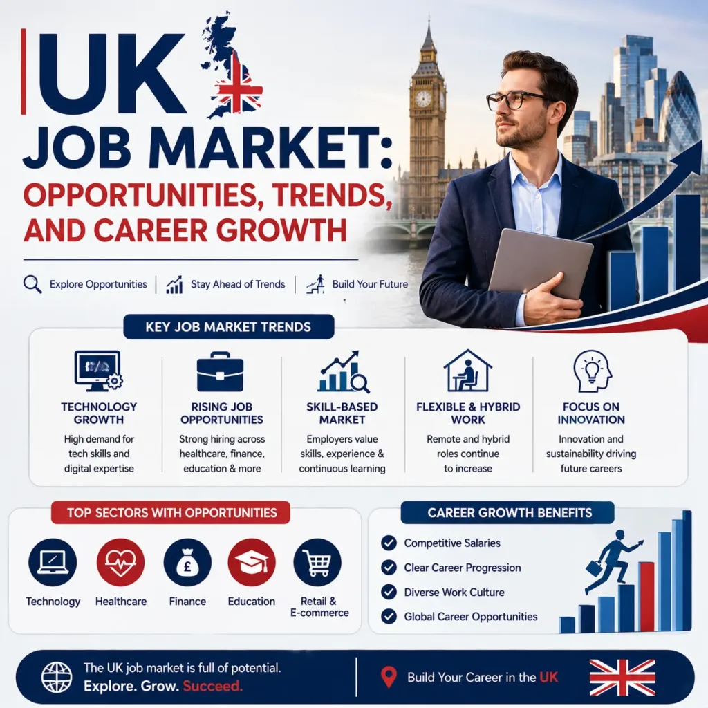 UK job market infographic showing career opportunities, industry trends, and professional growth sectors.