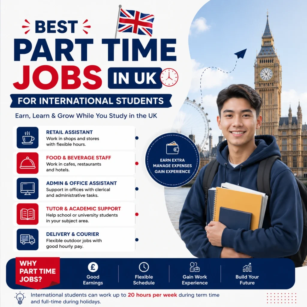 Best part-time jobs in the UK for international students with work and study opportunities.