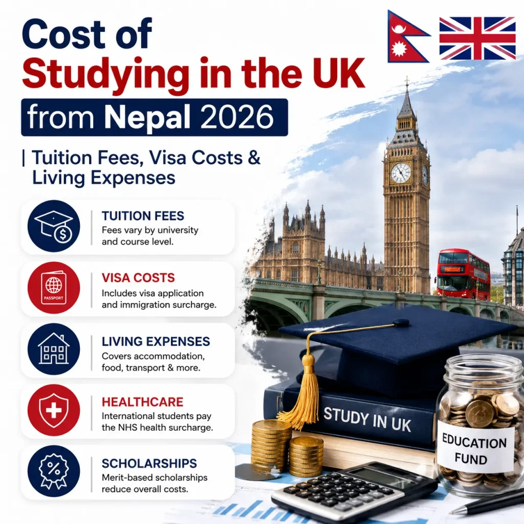 Cost of Studying in the UK from Nepal 2026 infographic showing tuition fees, visa costs, and living expenses.